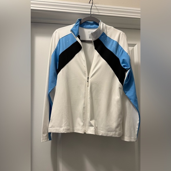 Izod Women's White Bomber Jacket with Blue and Black Accents - Picture 1 of 6
